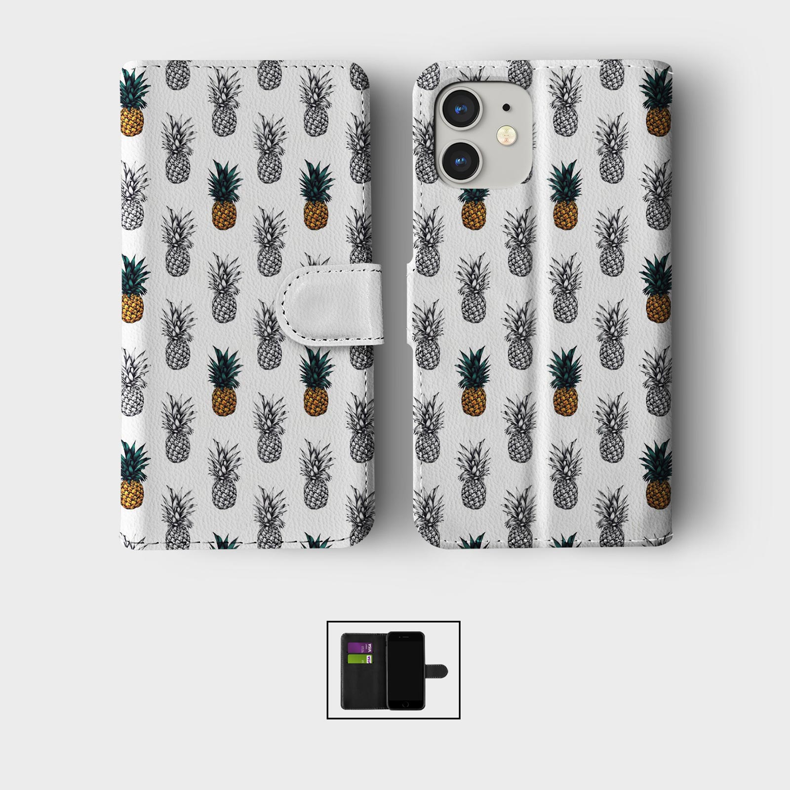 CASE FOR IPHONE 16 16E 15 14 12 SE WALLET FLIP PHONE COVER PINEAPPLE COLOURFUL - Picture 4 of 9