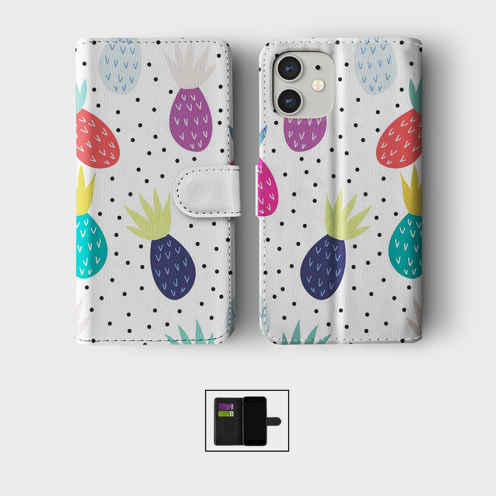 CASE FOR IPHONE 16 16E 15 14 12 SE WALLET FLIP PHONE COVER PINEAPPLE COLOURFUL - Picture 5 of 9