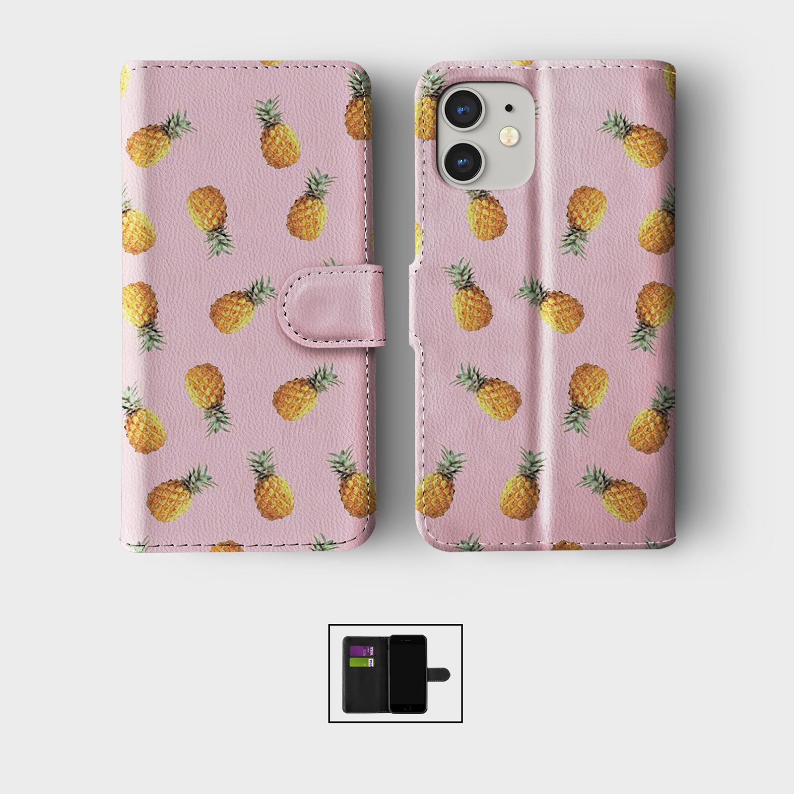 CASE FOR IPHONE 16 16E 15 14 12 SE WALLET FLIP PHONE COVER PINEAPPLE COLOURFUL - Picture 6 of 9