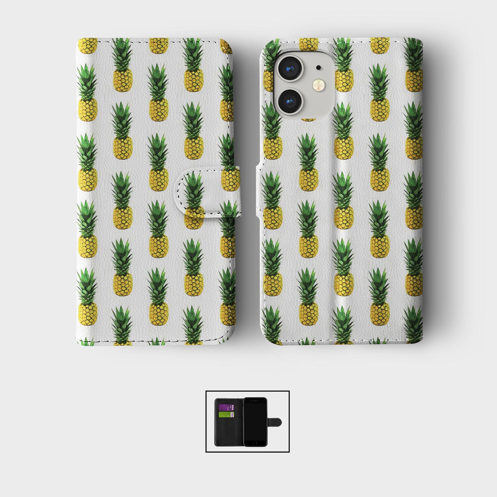 CASE FOR IPHONE 16 16E 15 14 12 SE WALLET FLIP PHONE COVER PINEAPPLE COLOURFUL - Picture 7 of 9