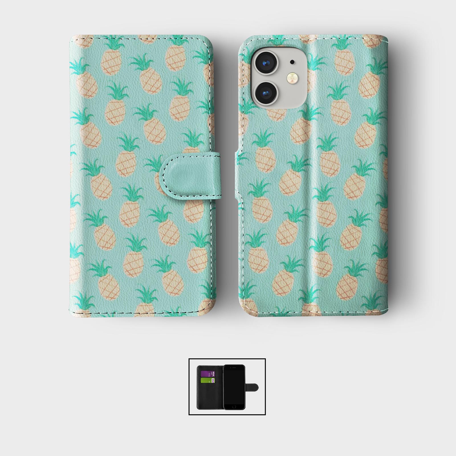 CASE FOR IPHONE 16 16E 15 14 12 SE WALLET FLIP PHONE COVER PINEAPPLE COLOURFUL - Picture 8 of 9