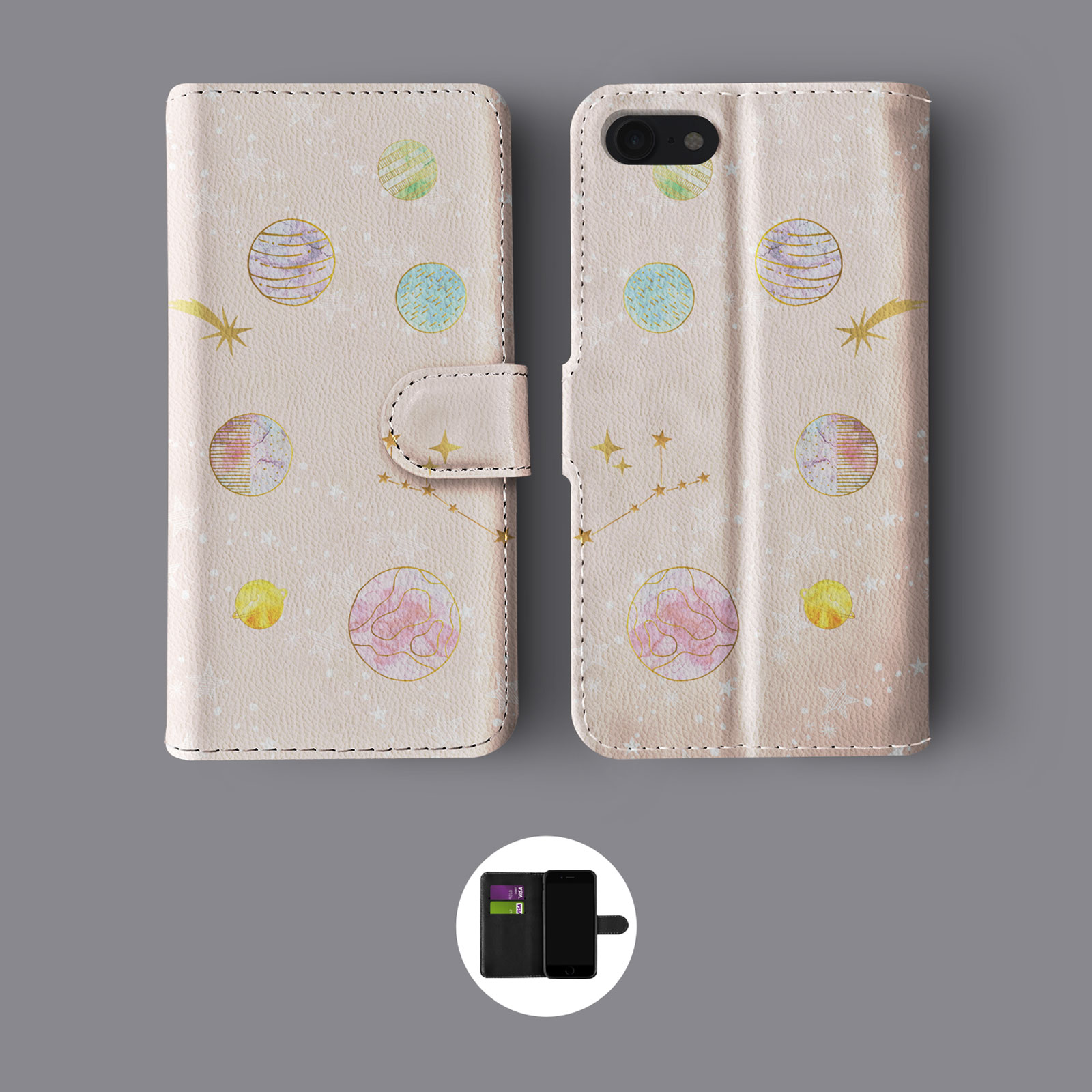 AESTHETIC PLANETS SPACE COSMO GALAXY STARS LEATHER WALLET PHONE CASE FOR IPHONE - Picture 2 of 8