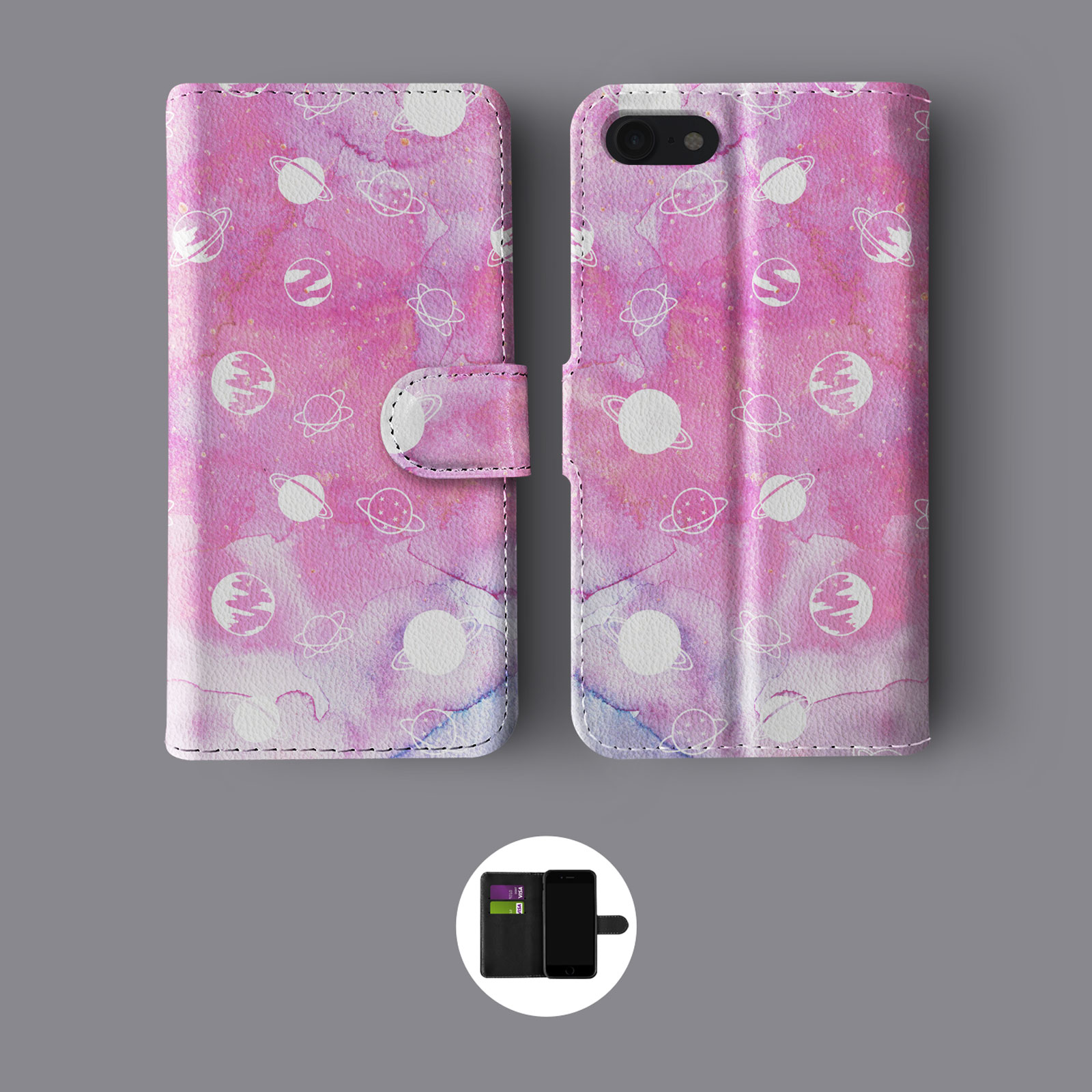 AESTHETIC PLANETS SPACE COSMO GALAXY STARS LEATHER WALLET PHONE CASE FOR IPHONE - Picture 7 of 8