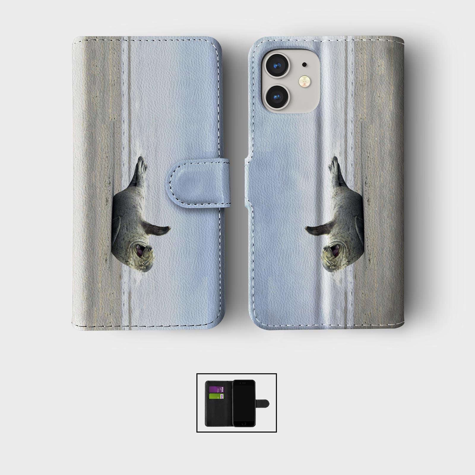 CASE FOR IPHONE 16 16E 15 14 12 12 SE WALLET FLIP PHONE COVER CUTE SEA LION SEAL - Picture 7 of 8