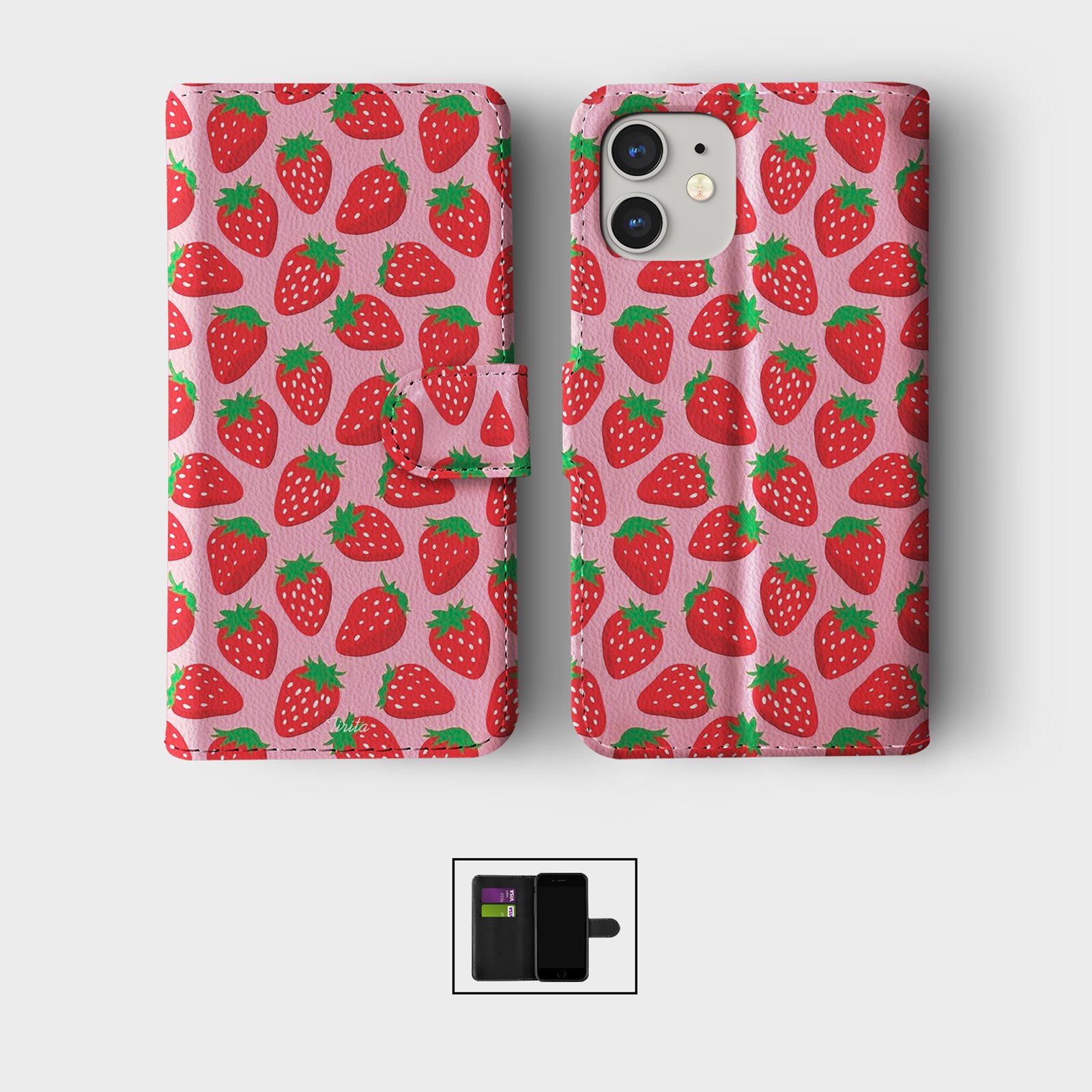 CASE FOR IPHONE 16 16E 15 14 12 12 SE PRO WALLET FLIP PHONE COVER STRAWBERRY RED - Picture 7 of 8