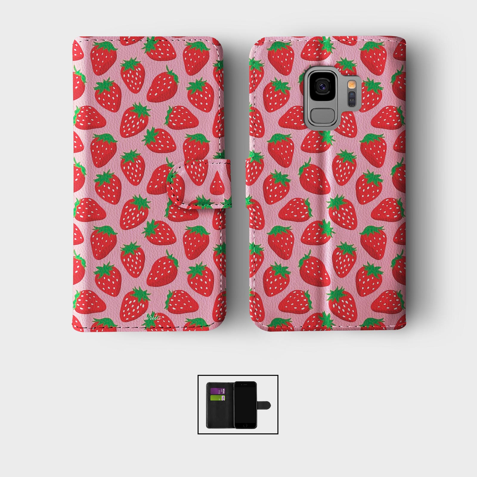 CASE FOR SAMSUNG S23 S22 S21 S20 S10 S9 WALLET FLIP PHONE COVER STRAWBERRY RED - Picture 7 of 8