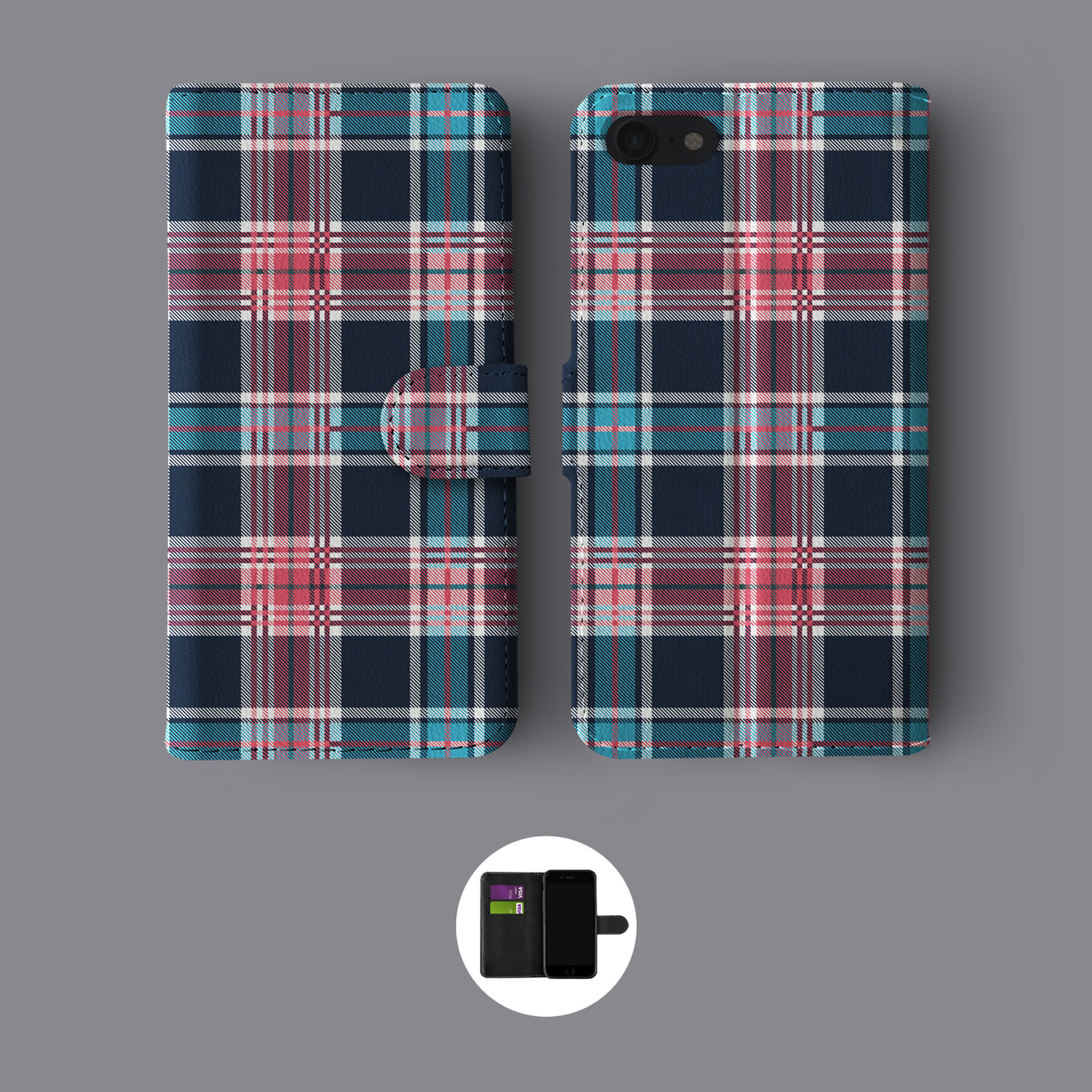 TARTAN 70S SCOTTISH SQUARES LEATHER WALLET PHONE CASE FOR IPHONE - Bild 7 von 10