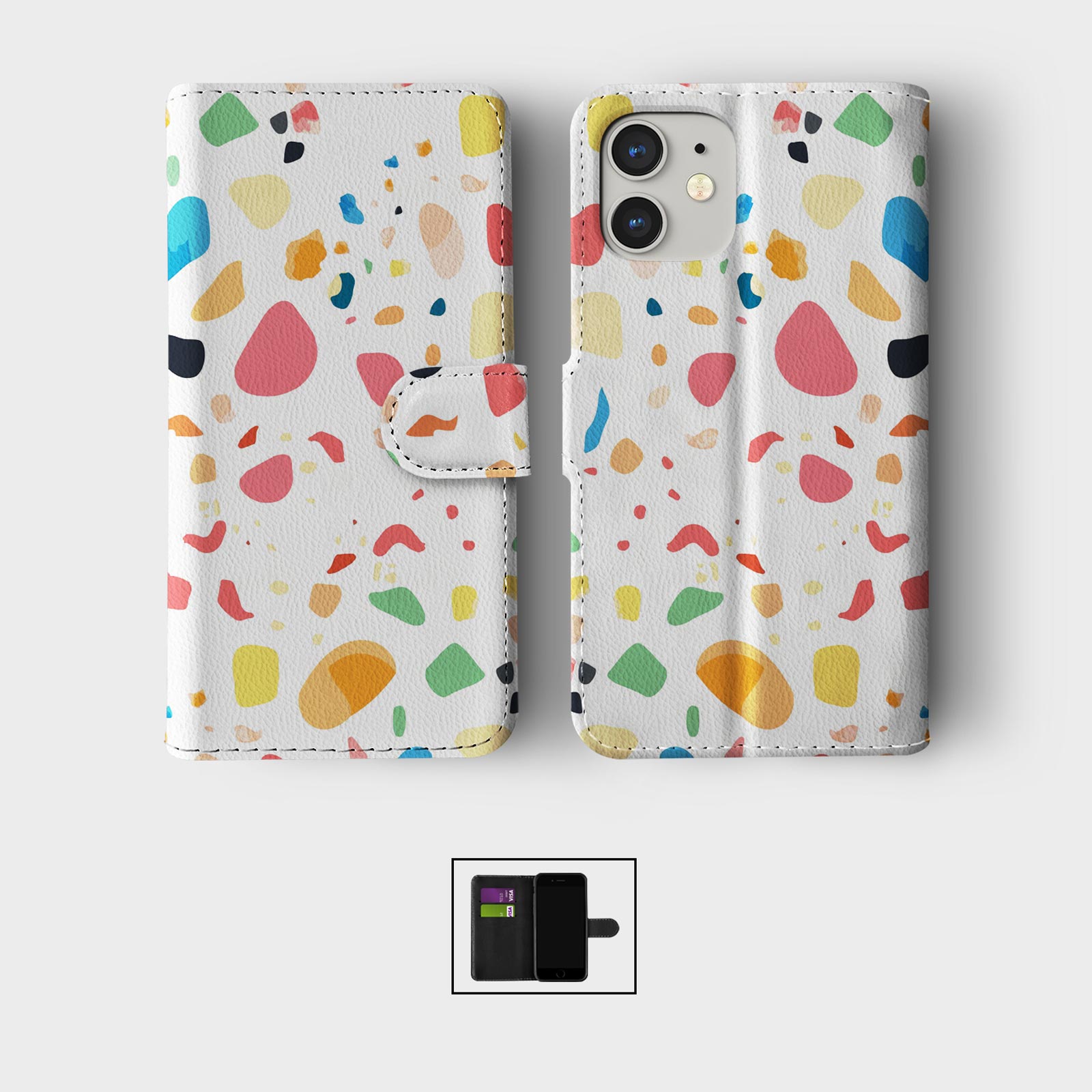 FLIP WALLET PHONE CASE FOR IPHONE 16 15 14 13 12 11 TERRAZZO ABSTRACT COLOURFUL - Picture 2 of 10