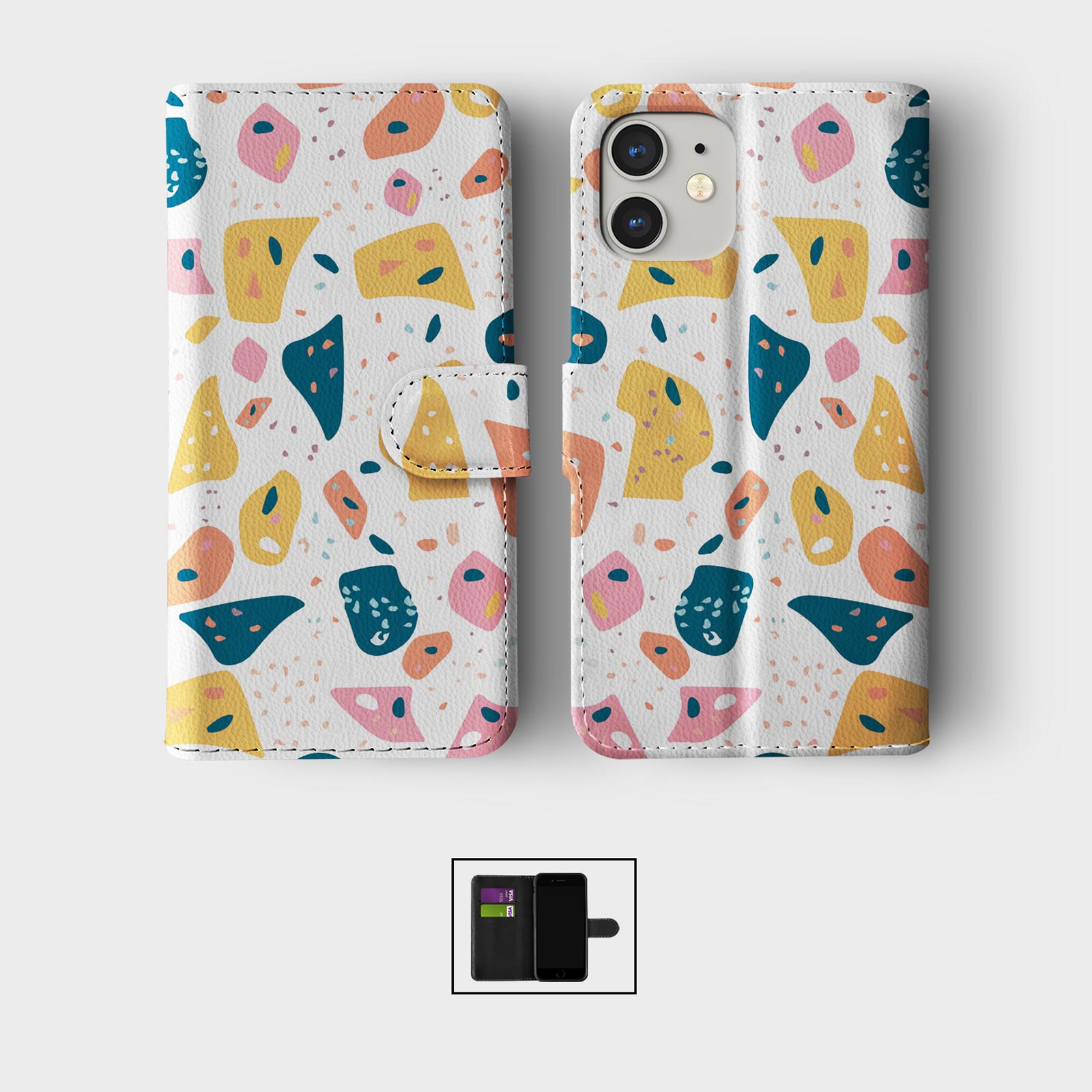 FLIP WALLET PHONE CASE FOR IPHONE 16 15 14 13 12 11 TERRAZZO ABSTRACT COLOURFUL - Picture 3 of 10