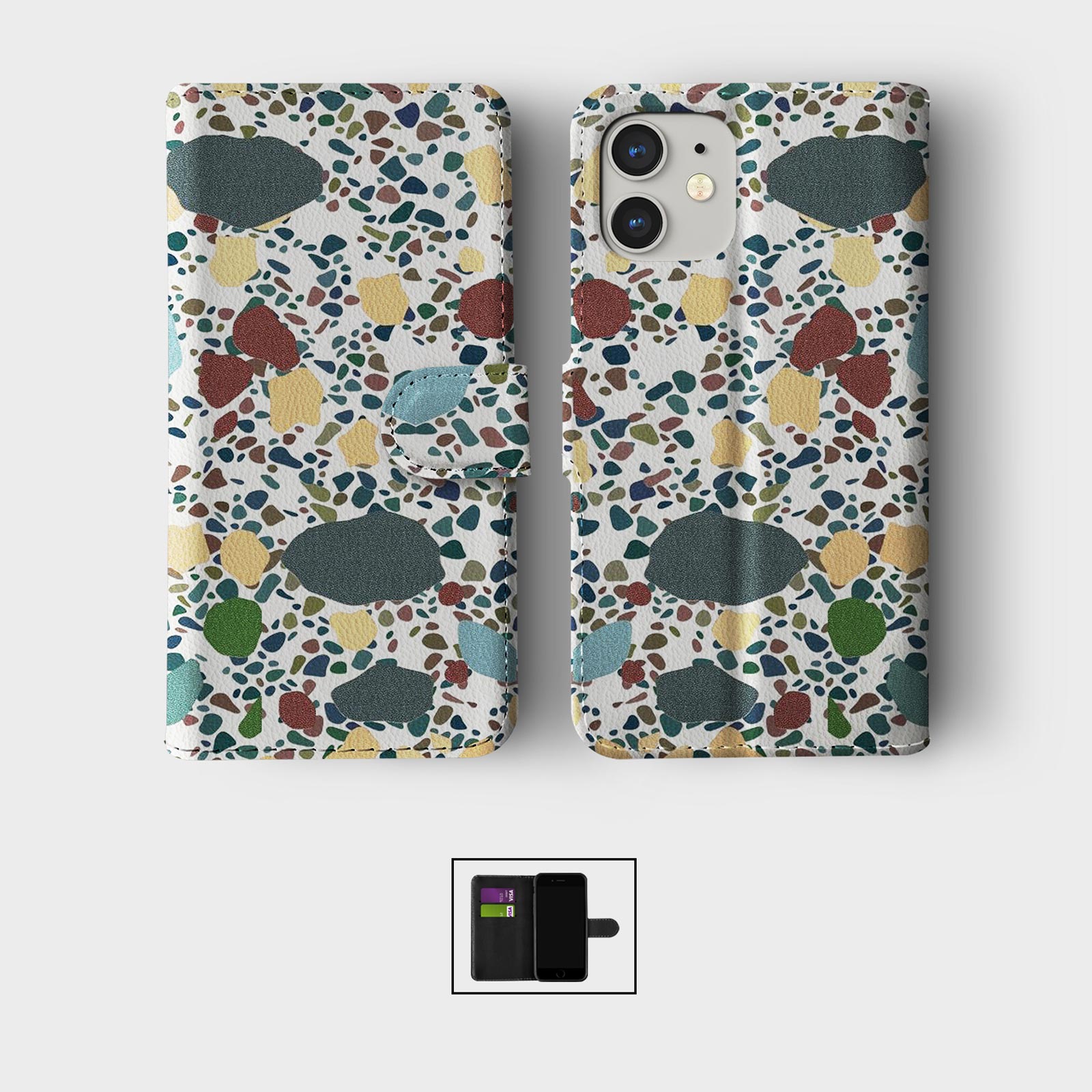 FLIP WALLET PHONE CASE FOR IPHONE 16 15 14 13 12 11 TERRAZZO ABSTRACT COLOURFUL - Picture 4 of 10