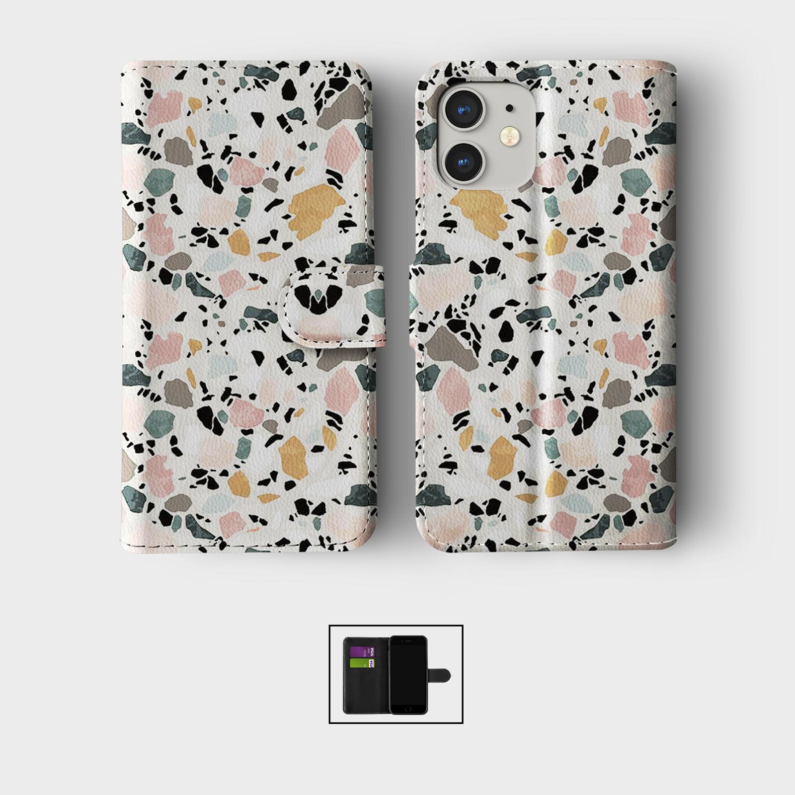 FLIP WALLET PHONE CASE FOR IPHONE 16 15 14 13 12 11 TERRAZZO ABSTRACT COLOURFUL - Picture 5 of 10