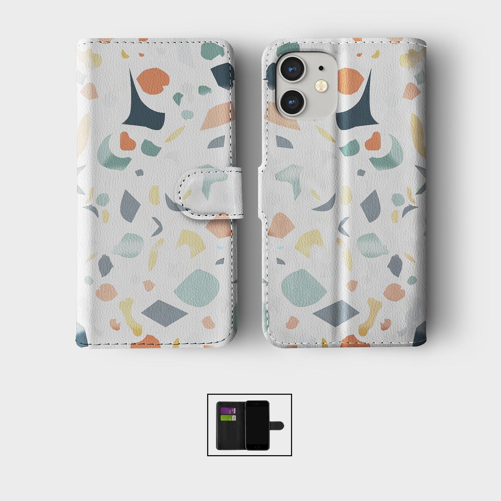 FLIP WALLET PHONE CASE FOR IPHONE 16 15 14 13 12 11 TERRAZZO ABSTRACT COLOURFUL - Picture 6 of 10