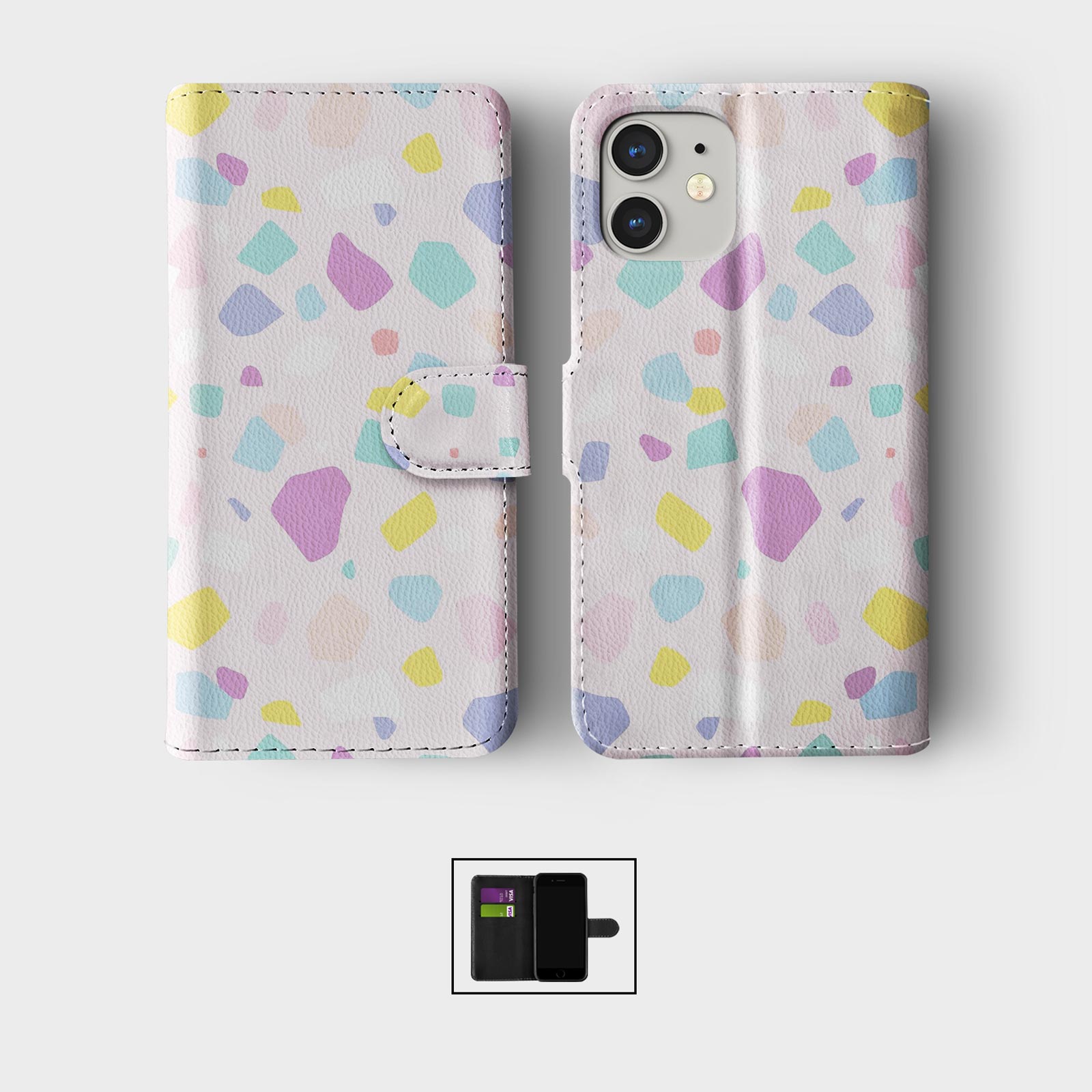 FLIP WALLET PHONE CASE FOR IPHONE 16 15 14 13 12 11 TERRAZZO ABSTRACT COLOURFUL - Picture 7 of 10