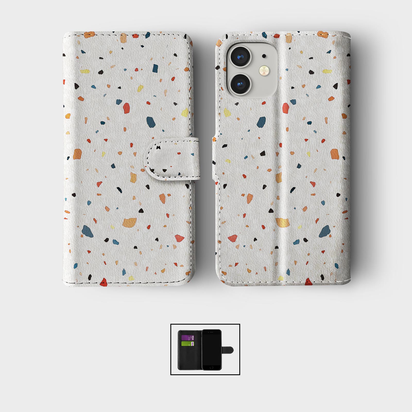 FLIP WALLET PHONE CASE FOR IPHONE 16 15 14 13 12 11 TERRAZZO ABSTRACT COLOURFUL - Picture 9 of 10