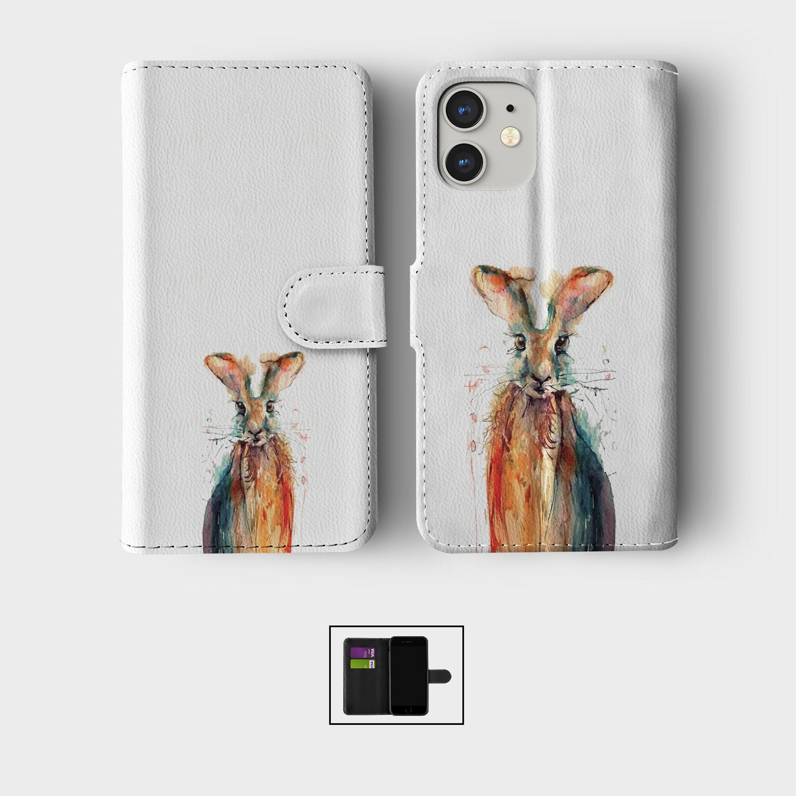 CASE FOR IPHONE 16 15 14 13 12 11 PRO WALLET FLIP PHONE COVER WHALE BIRD RABBIT - Picture 2 of 7