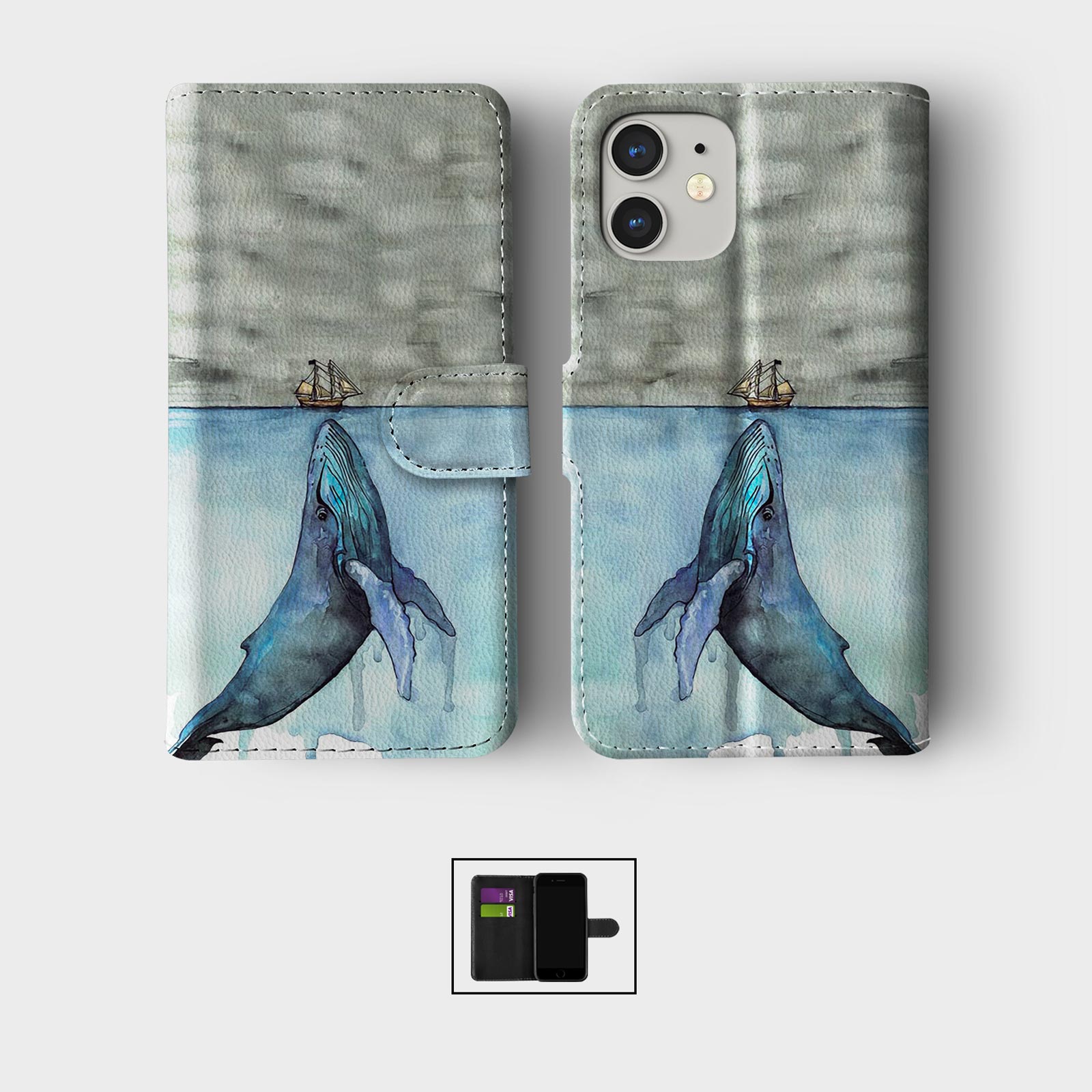 CASE FOR IPHONE 16 15 14 13 12 11 PRO WALLET FLIP PHONE COVER WHALE BIRD RABBIT - Picture 4 of 7