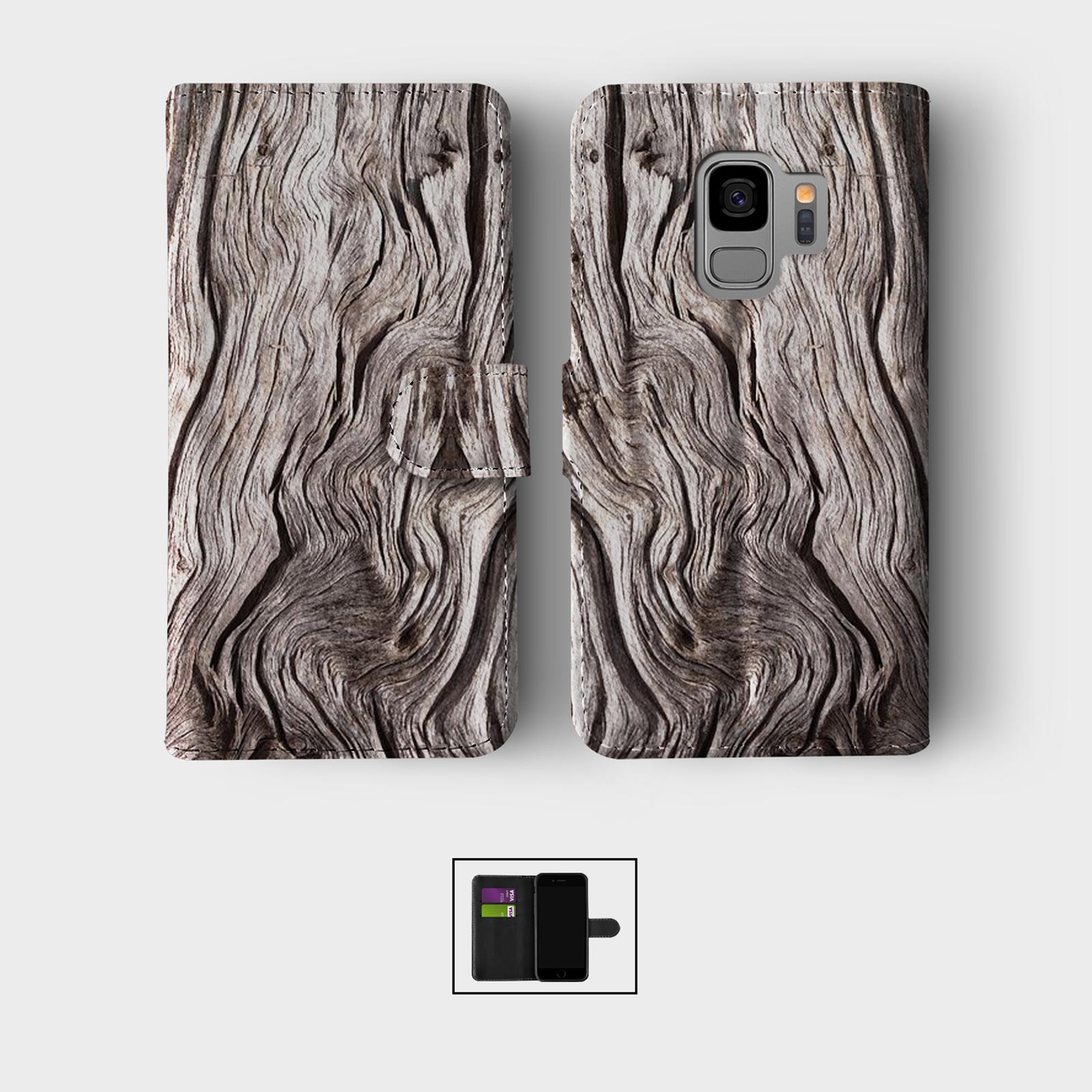WALLET FLIP CASE FOR SAMSUNG S23 S22 S21 S20 S10 S9 WOOD GRAIN NATURAL LOOK - 第 6/10 張圖片